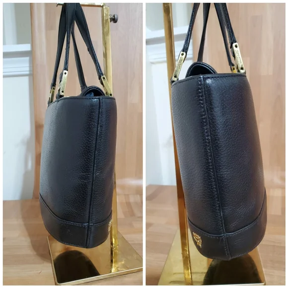 MCM Black Leather Vintage Logo Embellished Small Tote